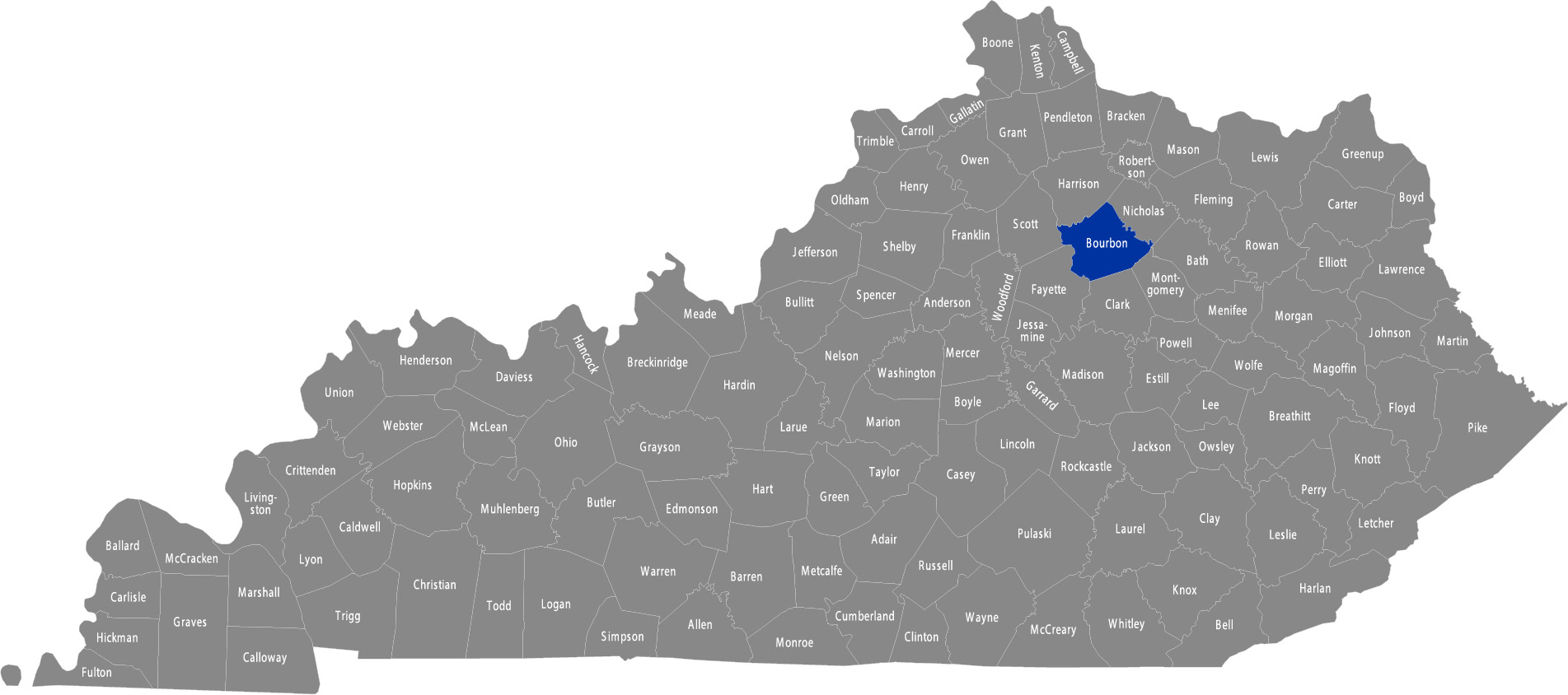 Map of Kentucky with Bourbon County highlighted
