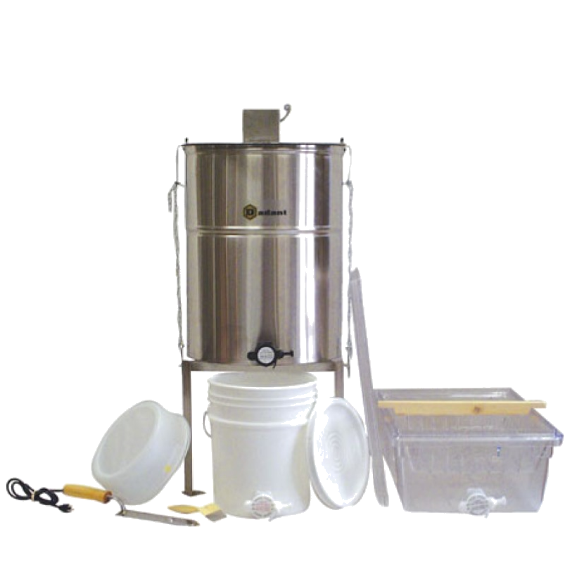 Honey extractor with bucket, tub, electric knife and capping scratcher