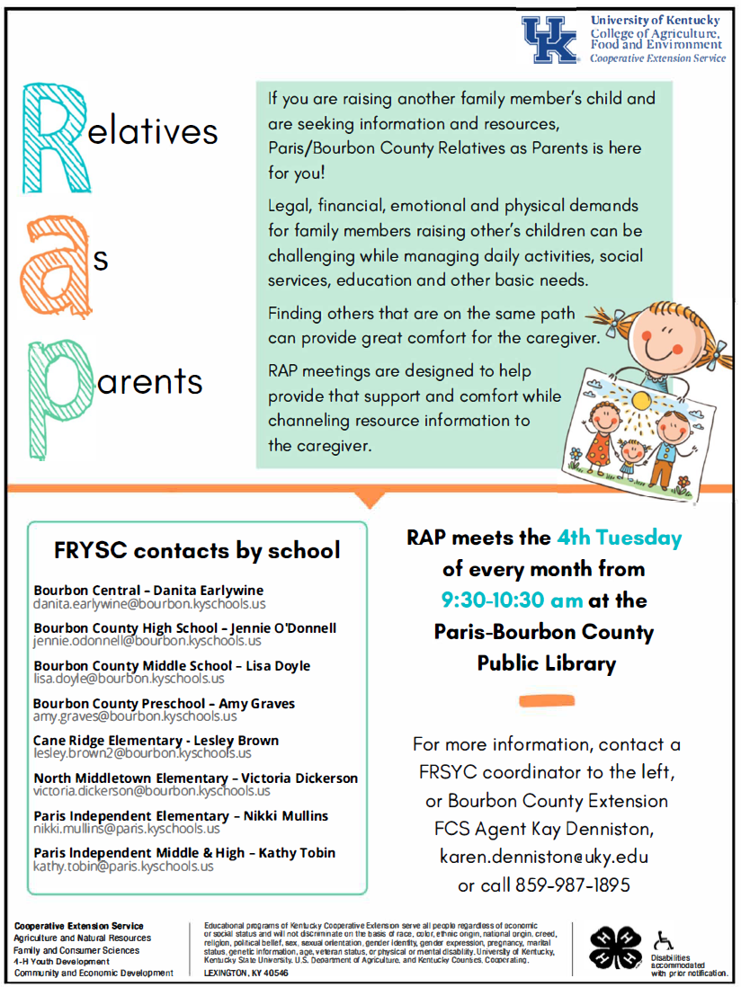 Relatives as Parents flyer with school resource contacts and meeting information